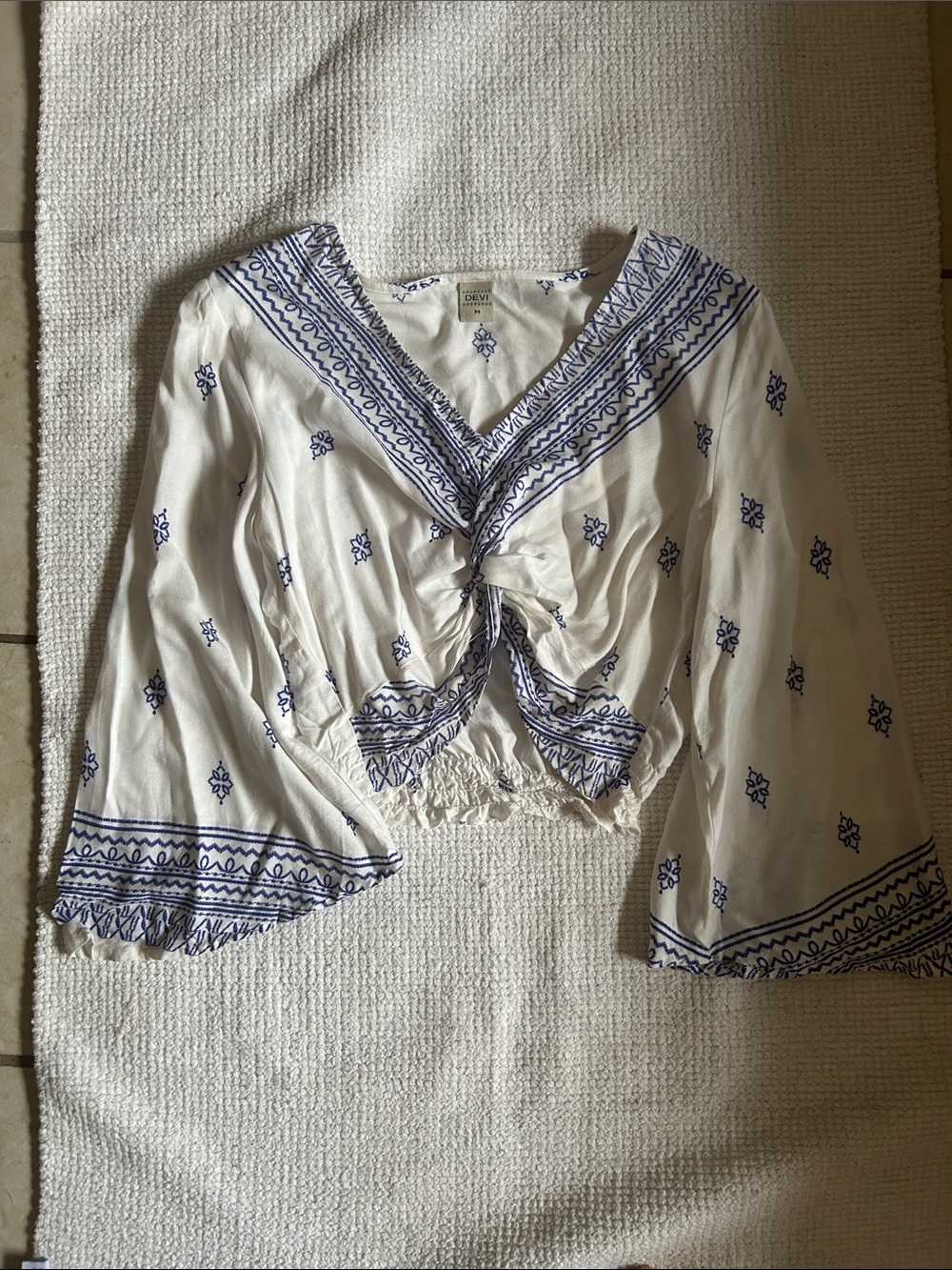 Boho Tie-Front Tunic Top in White with Blue Embroidery
